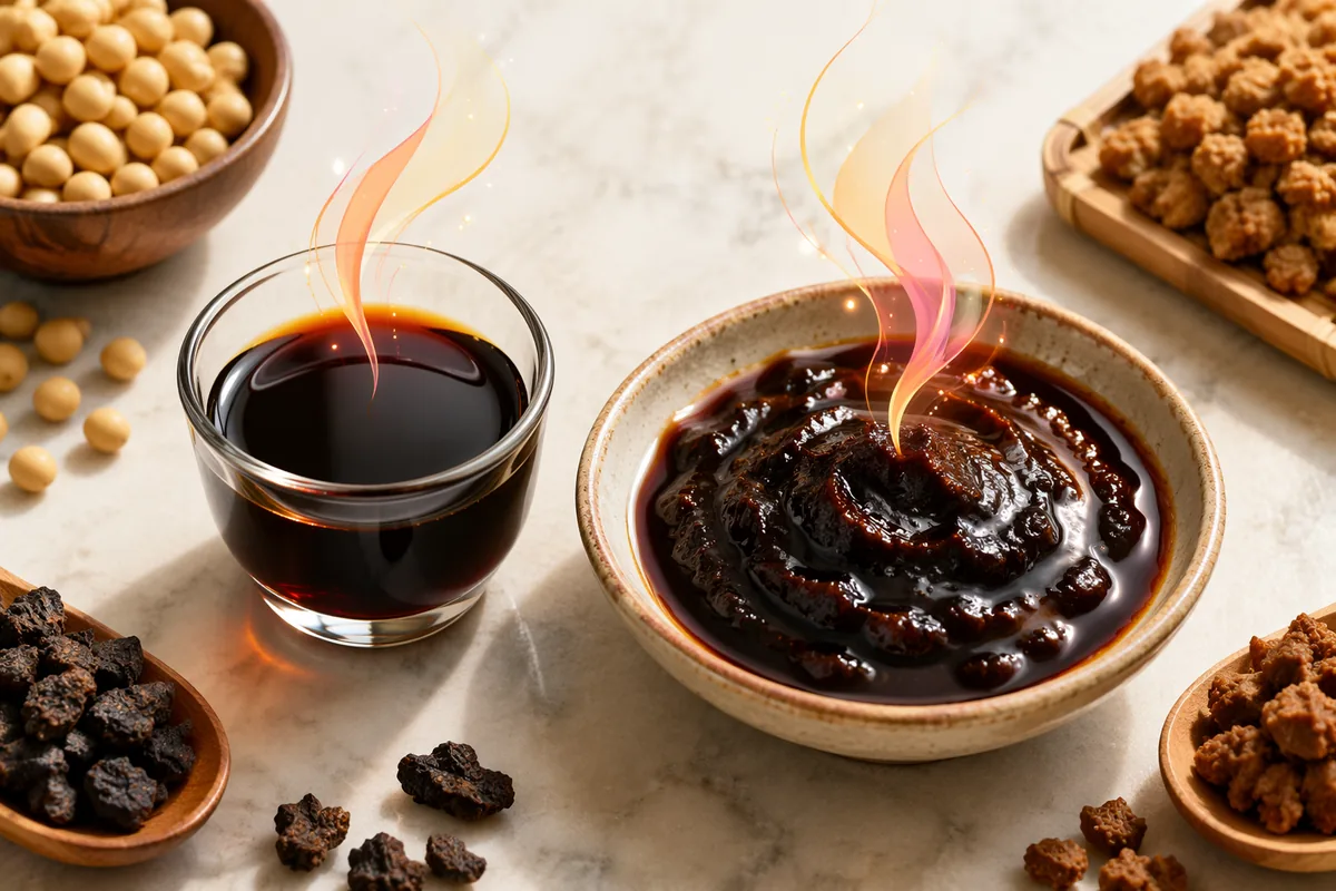 Soybeans, roasted grain pieces, a bowl of dark moromi mash and a glass of finished soy sauce on a stone counter